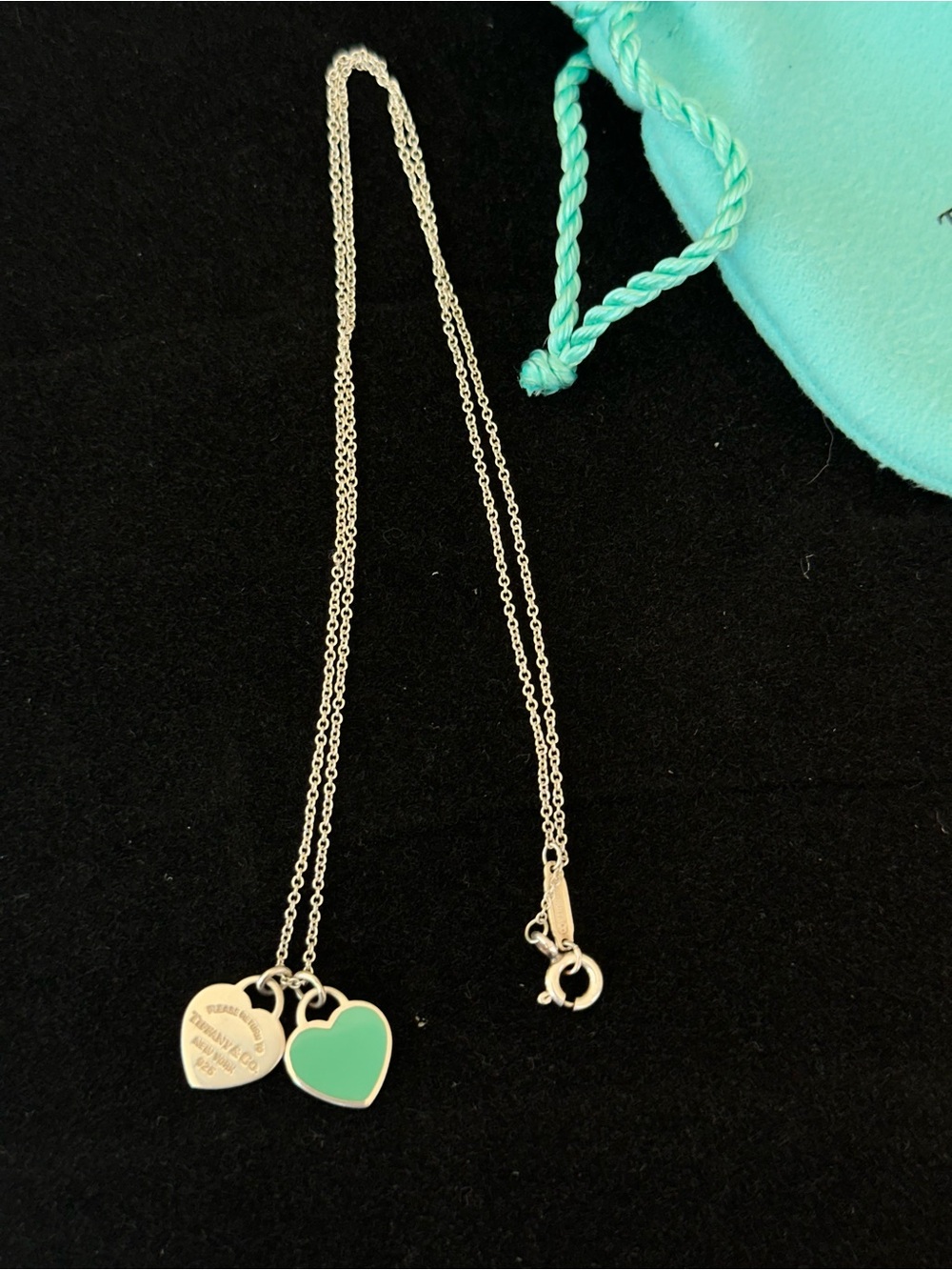 Tiffany Blue Enamel Double Heart Tag Pendant Necklace